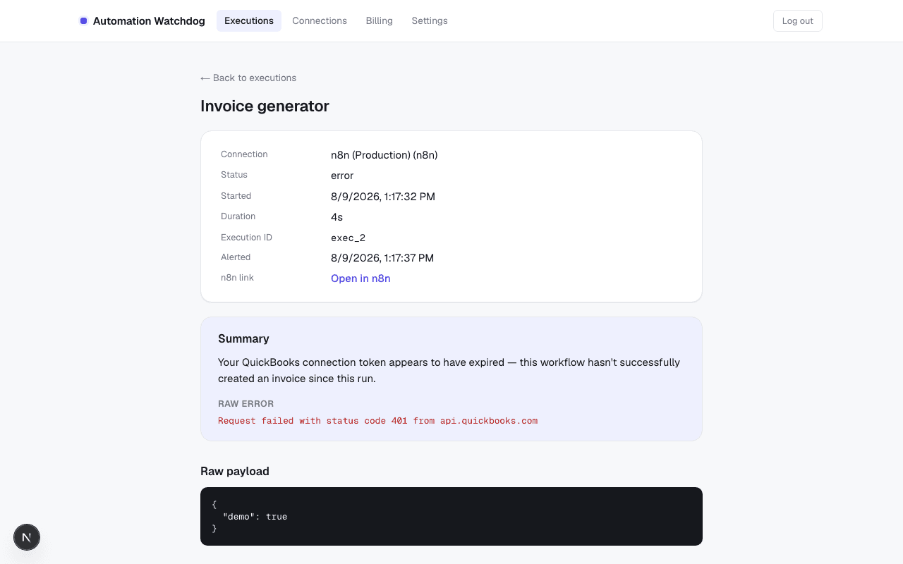 Automation Watchdog execution detail page showing an AI-generated plain-English summary of a failure